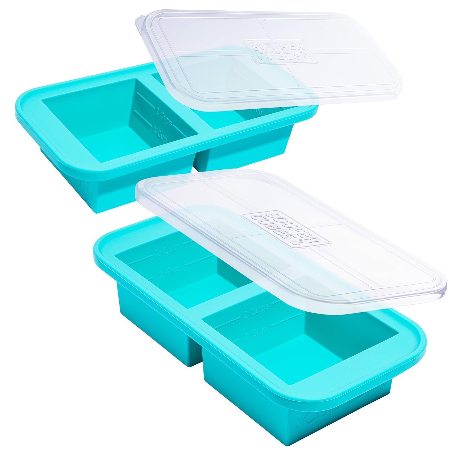 Souper Cubes 500mL/2 Cup Silicone Freezer Tray with Lid, Perfect for Storing Lasagna, Leftovers, Sauces, Portioned Meals and More, Silicone Freezer Mold for Meal Prepping - Aqua - 2-Pack