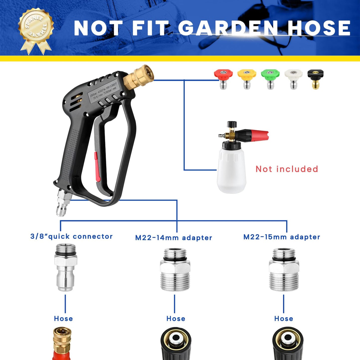 Short Pressure Washer Gun with Swivel, 4000 PSI High Power Washer Spray Gun with 5 Spray Nozzle Tips, 3/8" Quick Connect Plug and M22-14/15mm Fittings, Car Wash Foam Gun Compatible with Foam Cannon