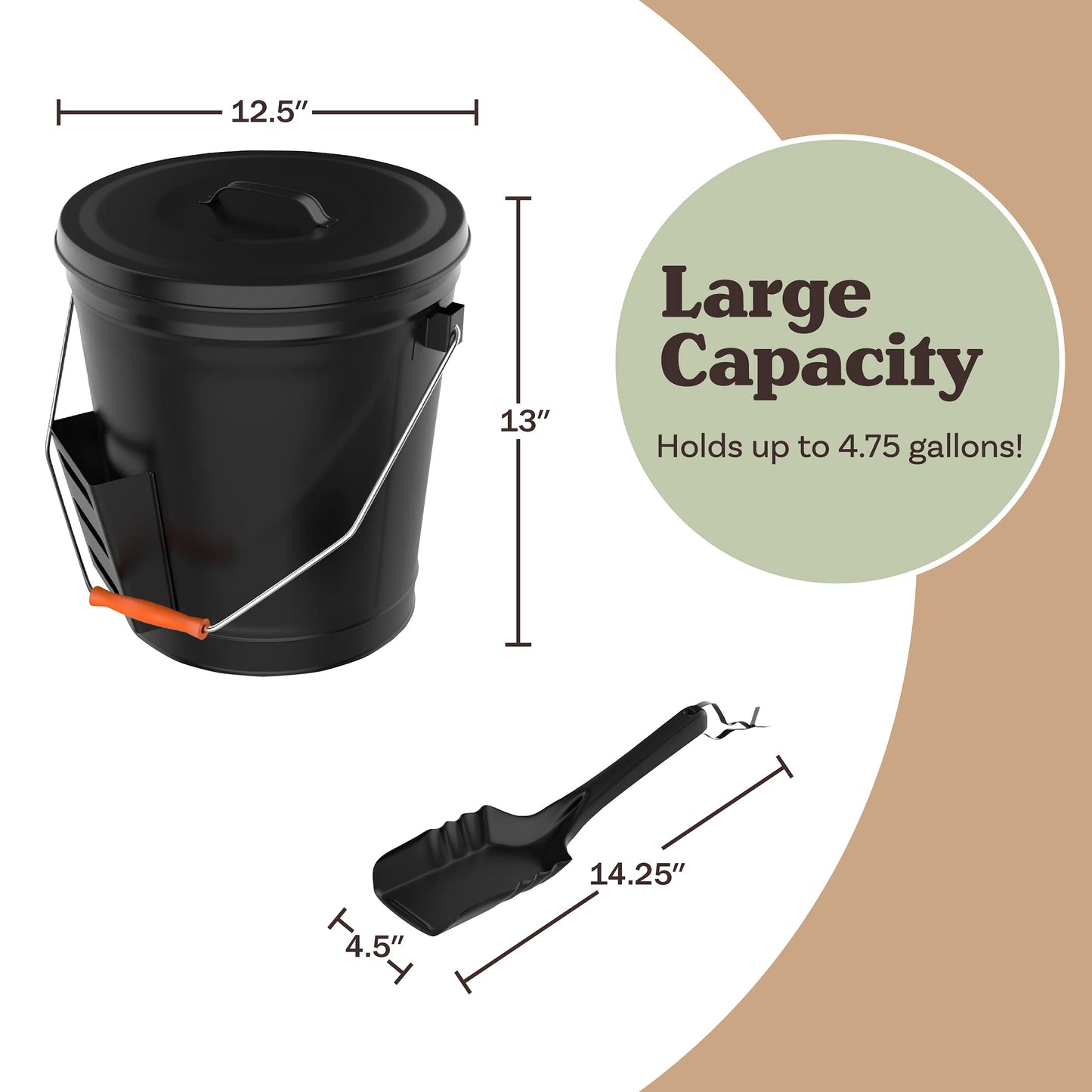 Pure Garden 50-210 4.75 Gallon Black Ash Bucket with Lid and Shovel-Essential Tools for Fireplaces, Fire Pits Wood Burning Stoves-Hearth Accessories