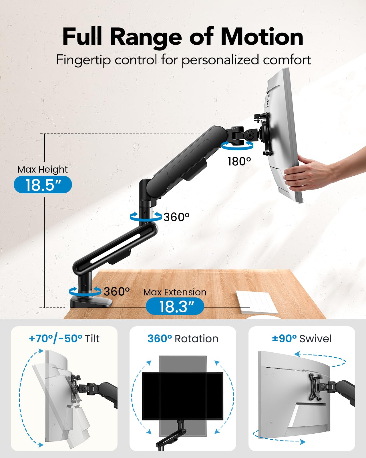 HUANUO Ultrawide Monitor Arm for 13 – 40" Screens, Single Monitor Mount Holds up to 26.4lbs, Adjustable Monitor Stand with C-Clamp & Grommet Base, VESA Mount 75x75mm/100x100mm