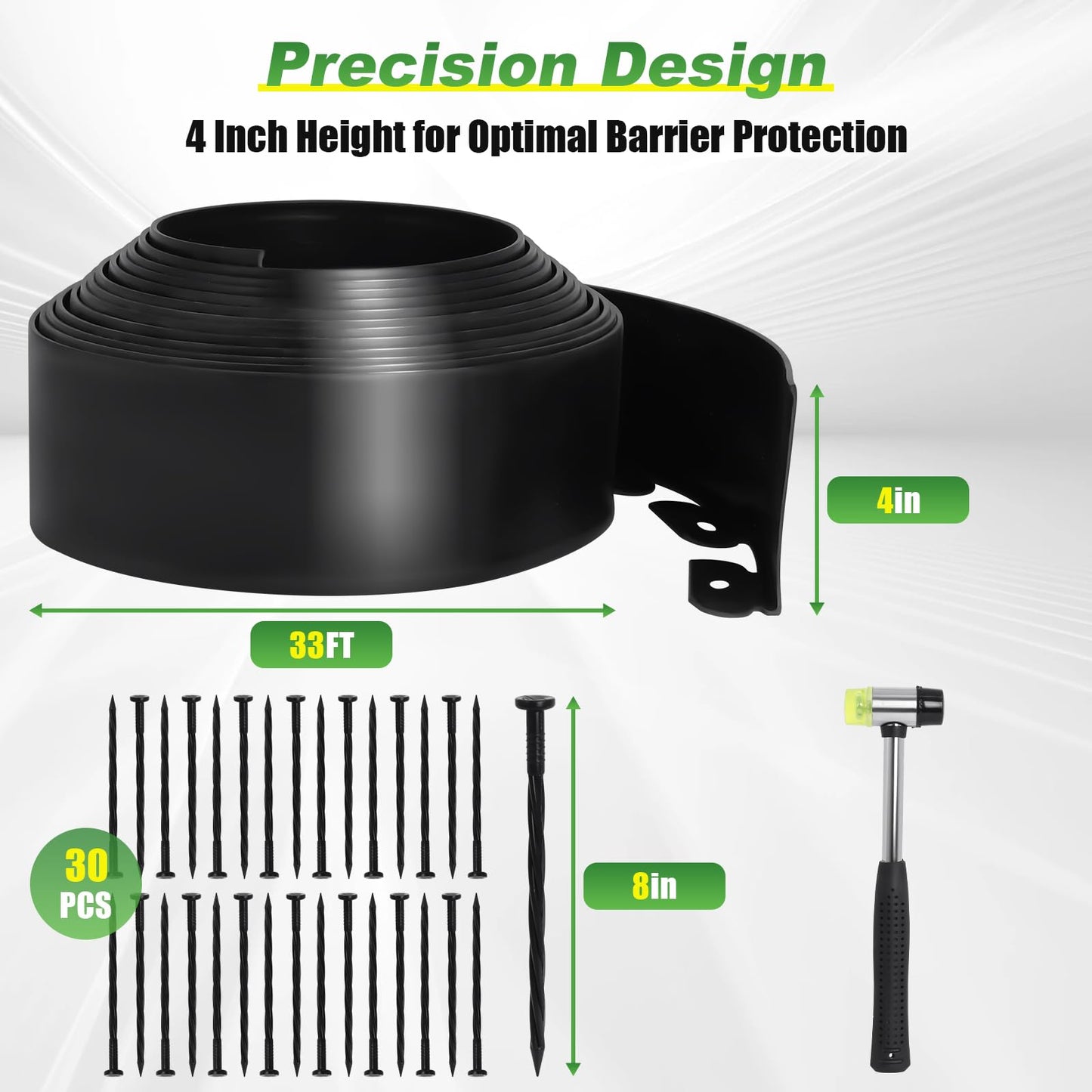 33FT Garden Edging Border, 4 Inch Height No Dig Lawn Edging Kit with 30 Spikes and Hammer, Plastic Landscape Edging for Yard, Flower Beds, and Pathways - Black