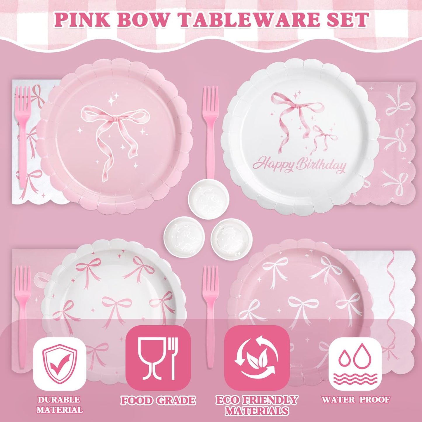 300 Pcs Pink Bow Plates, Cups, Napkins and Tableware Sets for Coquette Birthday Decorations, Pink Birthday Party Supplies Include Straws, Pink Birthday Decorations Which Can Serve 50
