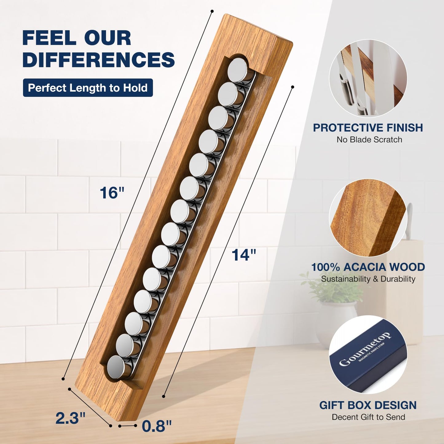 Gourmetop Magnetic Knife Holder for Wall, 16" Acacia Wood Magnetic Knife Strip, Strong Knife Magnet Wall Mount, No Drill Adhesive Tape or Screw Mount, Kitchen Organizer