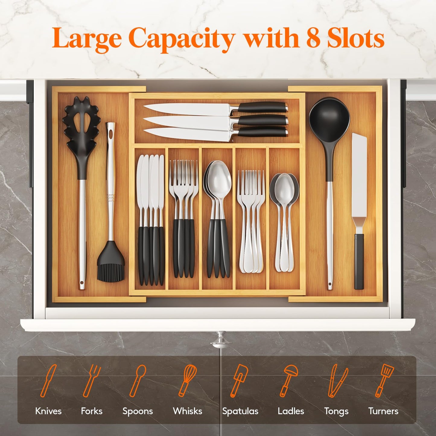 Lifewit Large Cutlery Drawer Organizer, Expandable 13" to 22.4" Utensil Holder for Kitchen, Bamboo Flatware and Silverware Tray, Wood Adjustable Storage for Spoons Forks Knives, Natural