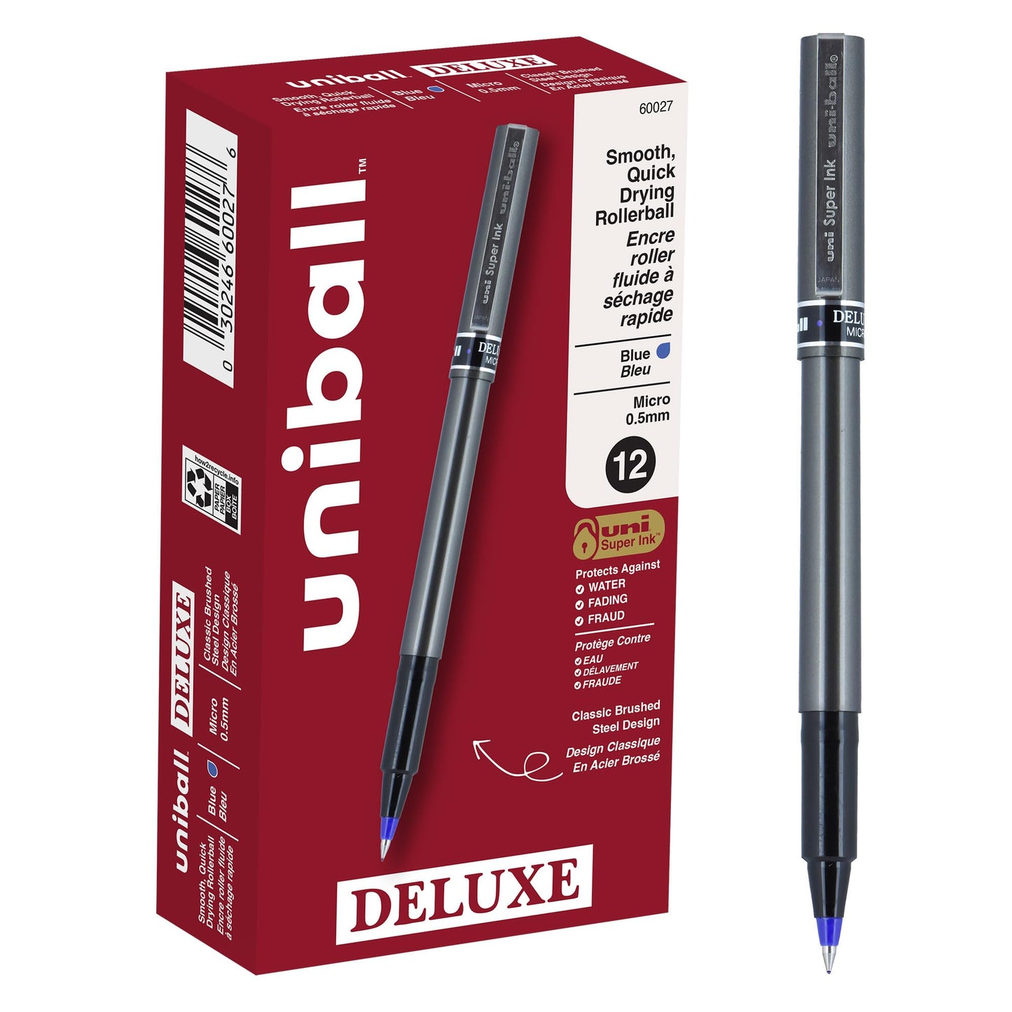 uni-ball DELUXE Rollerball, Stick Roller Ball Pen Micro-0.5mm, 12 Pack, Blue Ink (60027)