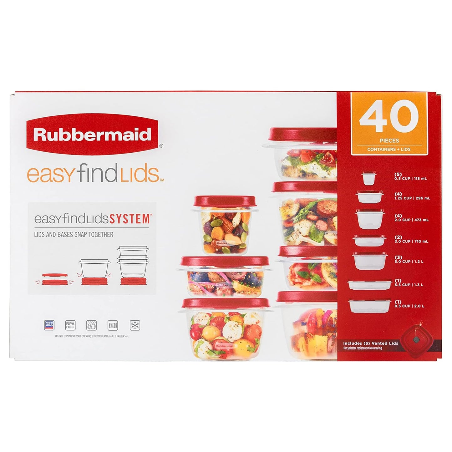 Rubbermaid Vented Lids BPA Free Plastic Food Storage Containers, Set of 21 (42 Pieces Total), Racer Red | Reusable & Stackable
