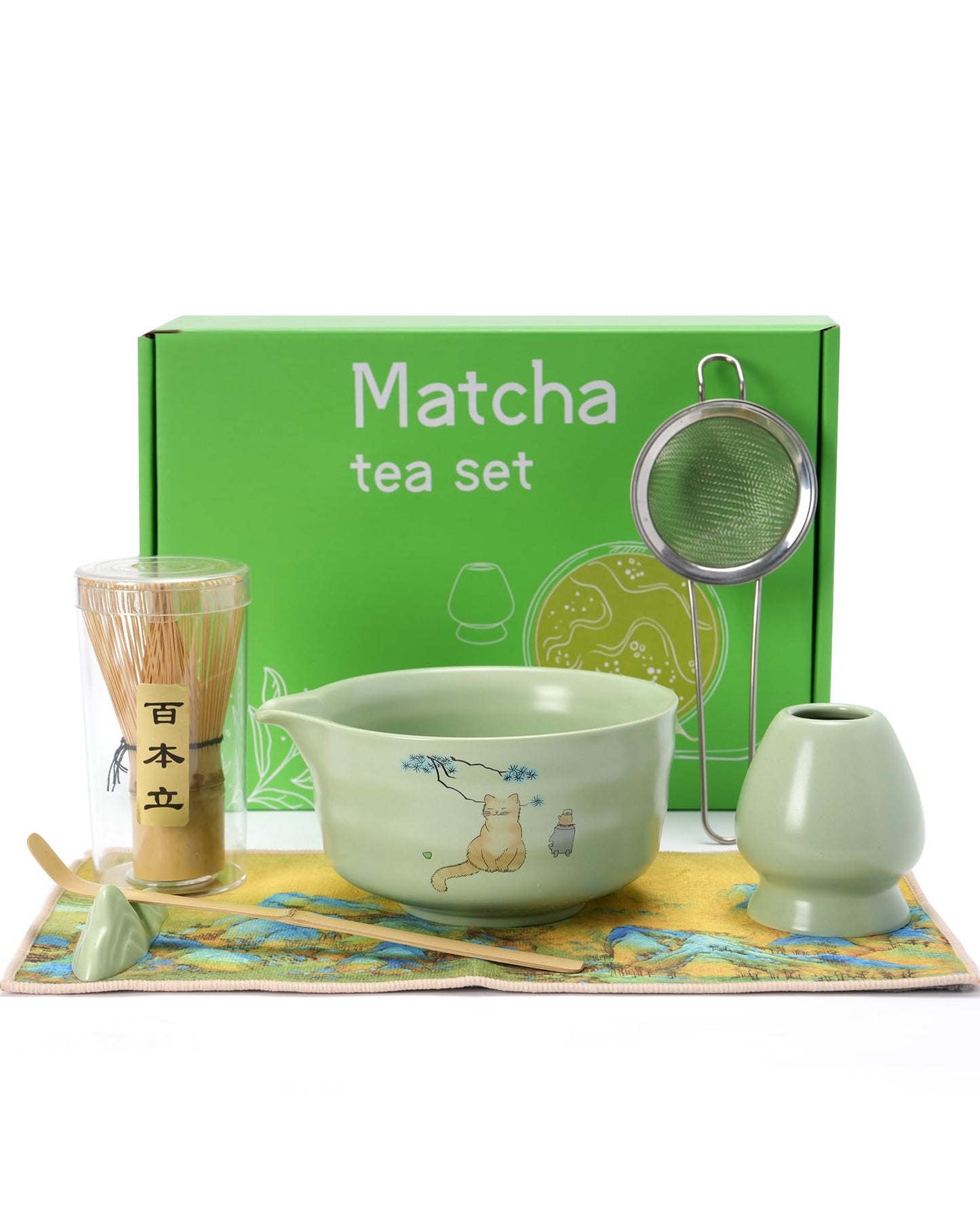 Matcha Whisk Set 7 Pcs – Japanese Tea Ceremony Kit with Bamboo Chasen, Ceramic Bowl, Scoop, Spoon & Sifter, Traditional Matcha Tea Set for Making Authentic Green Tea (Green)