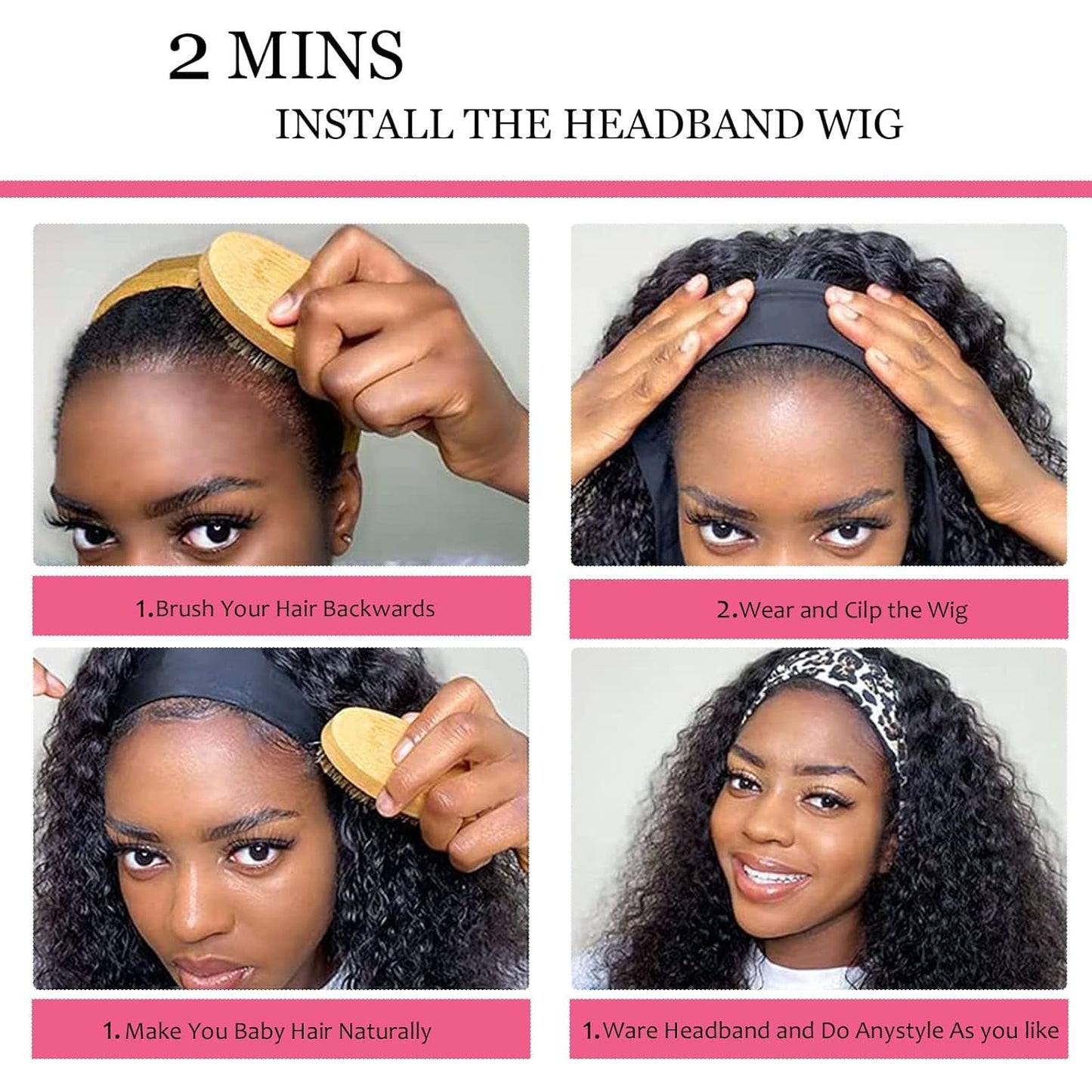 Headband Wig Human Hair Wigs for Black Women Glueless None Lace Curly Wave Wig Brazilian Virgin Hair Machine Made 150% Density Wigs Natural Color perruque femme humain (jerry curly, 16 inch)
