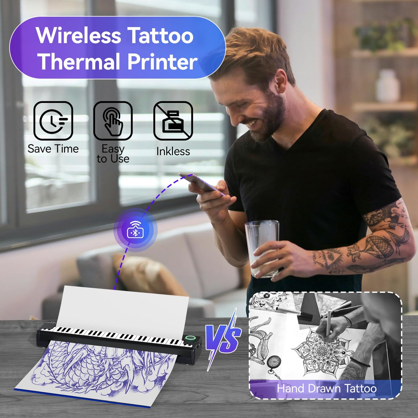 PeriPage Wireless Tattoo Stencil Printer, Portable Thermal Tattoo Printer Machine for Artists & Beginners, Tattoo Printers Compatible with Smartphone/Pad/PC, Includes 5pcs Transfer Paper & Tattoo Kit