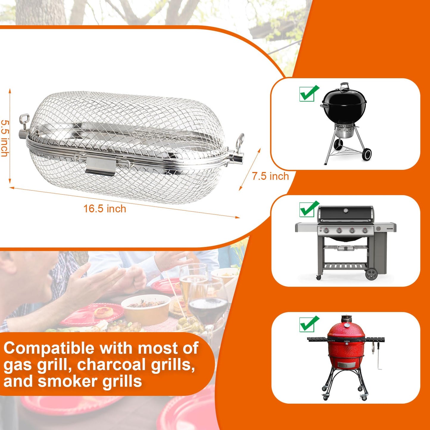 64000 Rotisserie Grill Baskets for Napoleon Outdoor Grill, Fits Universal Standard Spit Rods, Rotisserie Grill Basket Accessory-Even Cooking of Wings French Fries Veggies Kabobs