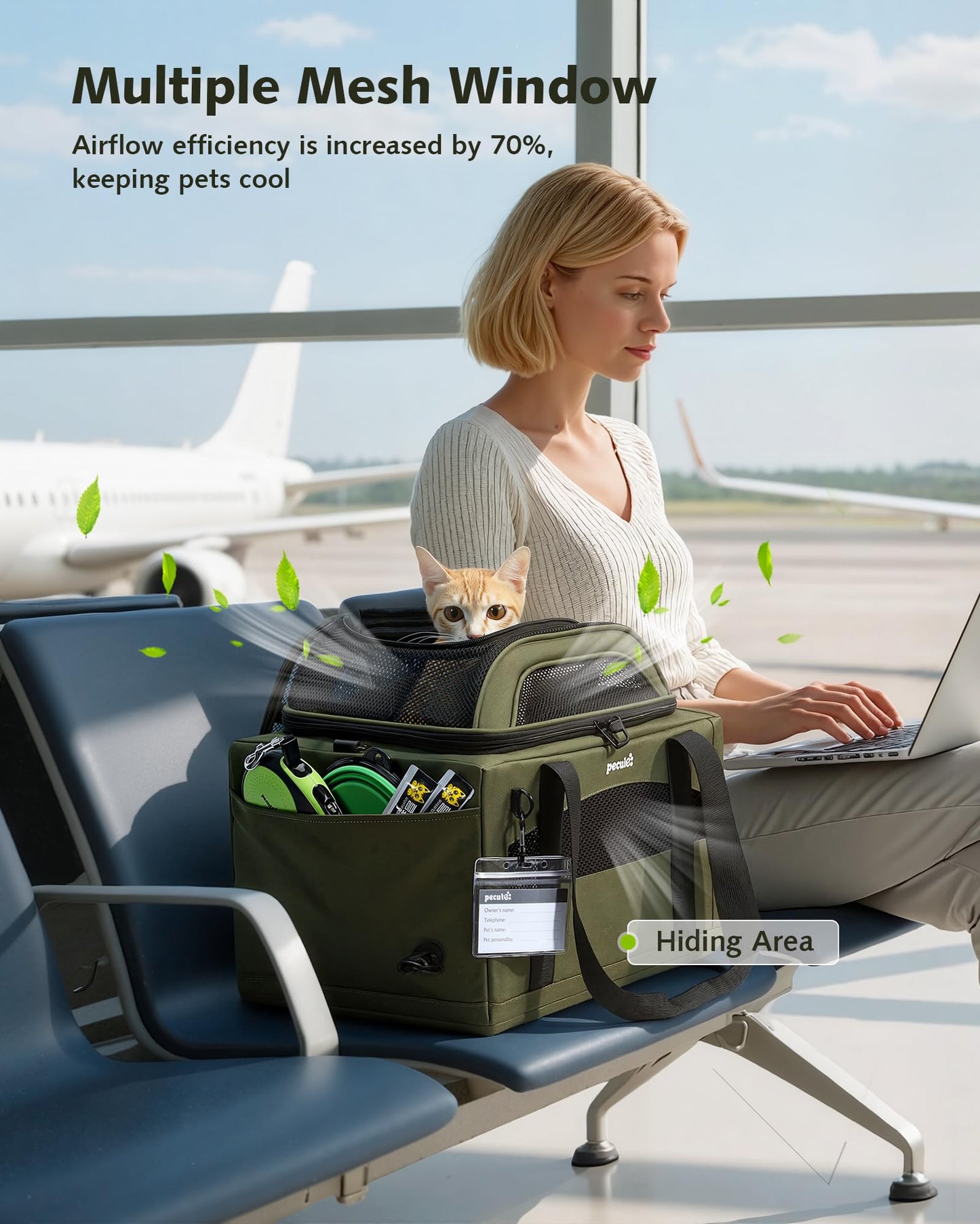 Pecute Top-Expandable Cat Carrier Airline Approved(42 * 28 * 23cm),Breathable Dog Carrier Soft-Sided Pet Carrier for Small Cats with Locking Safety Zippers and Waterprooff Pee Pad + Pet ID Tag,Green