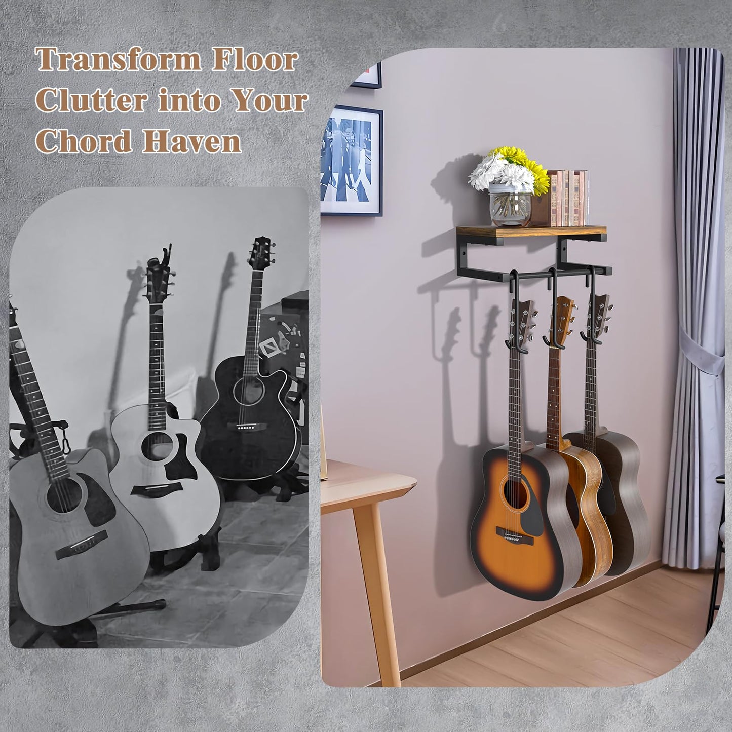 Guitar Wall Mount Hangers Holds 3 Guitars with Rustic Shelf, 3-Detachable Guitar Stand Hooks Universal Fit for Acoustic, Electric, Bass & Ukulele