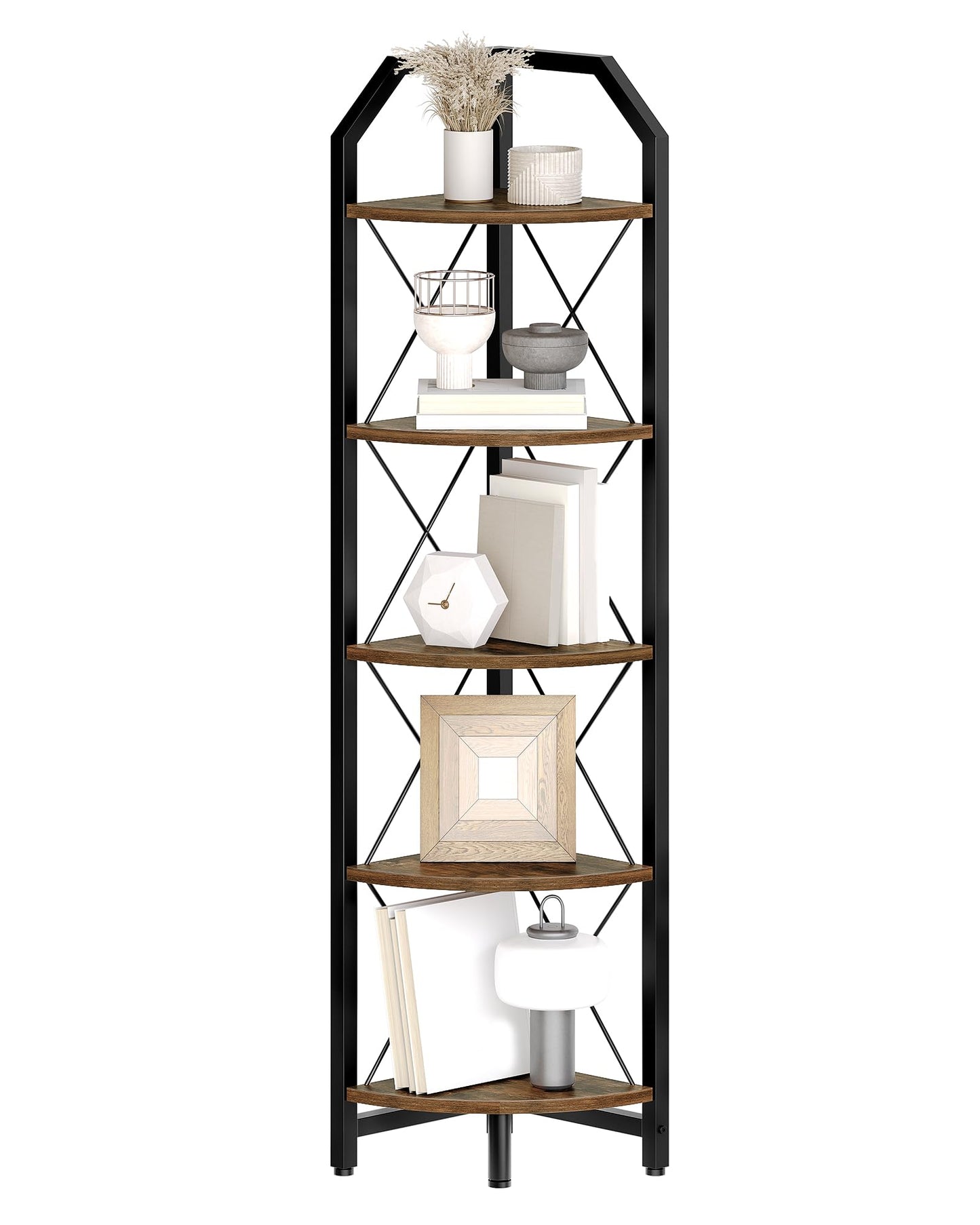 59.4" Corner Shelf, 5-Tier Industrial Corner Bookshelf, Corner Storage Stand, Plant Stand Display Shelf, Bookcase for Bedroom, Living Room, Home Office, Rustic Brown and Black TCJ10BF