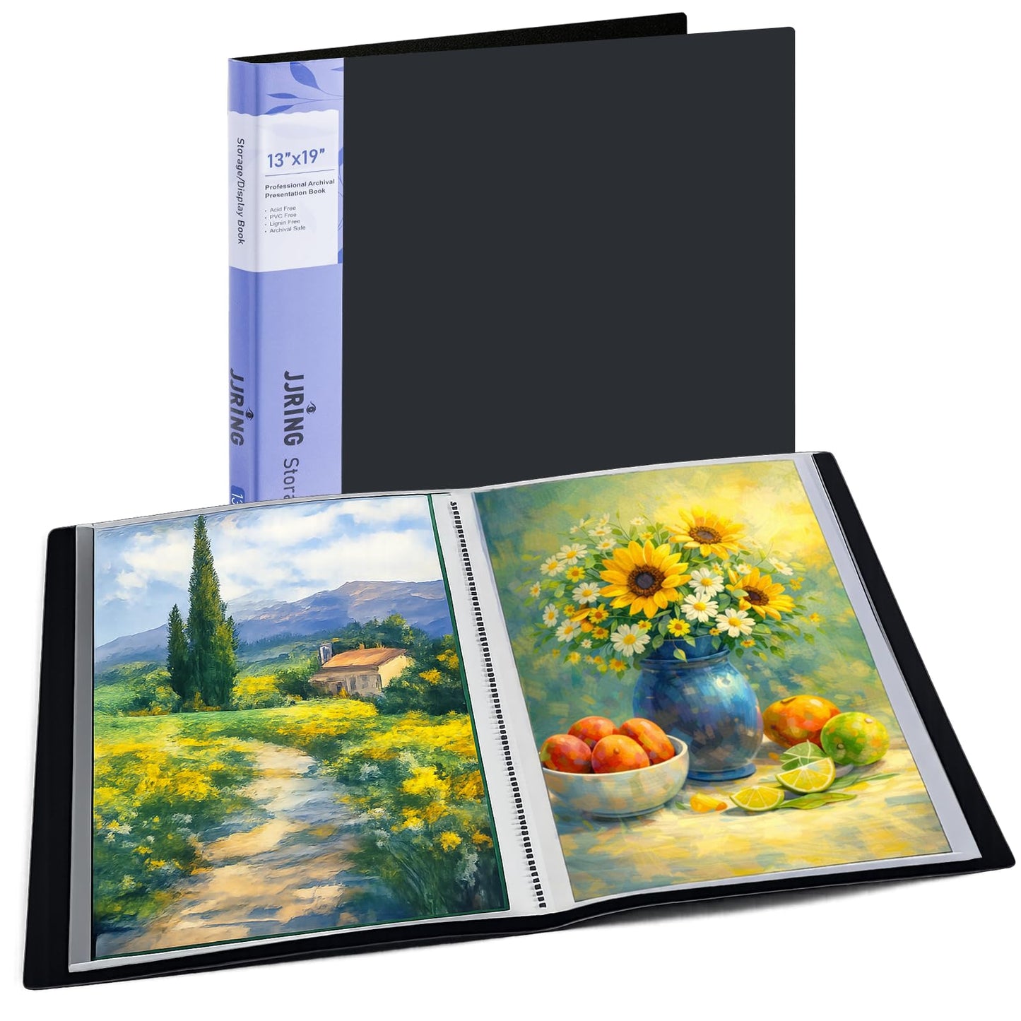 JJRING 13x19 Art Portfolio Folder with Plastic Sleeves, 24-Pocket Portfolio Binder Displaying 48 Pages, Presentation Book with Black Inner Paper for Artwork Storage, Black