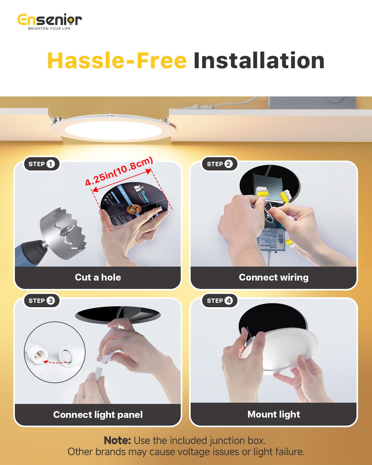 Ensenior 4Inch LED Recessed Slim Pot Light with Junction Box, 3000K/4000K/5000K Changeable, 9W 75W Eqv, Dimmable IC-Rated Ceiling Lighting, 750LM High Brightness (12 Pack)