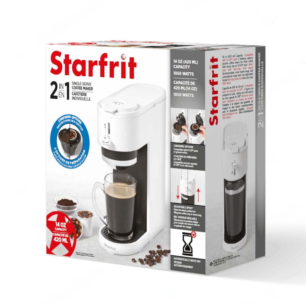 Starfrit 2-in-1 Coffee Machine - Brews K-Cup Pods or Ground Coffee - Adjustable Spout for Mugs - Removable Filter Basket - White Matte