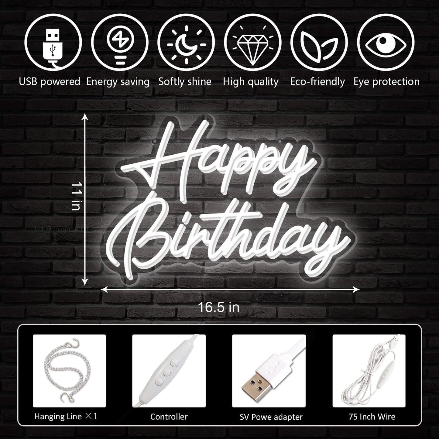 Happy Birthday Neon Sign Reusable White LED Neon Night Light Birthday Party Decorations USB Operated Decorative for Backdrop Party Bedroom Wall Décor 5v,16.5"*11"
