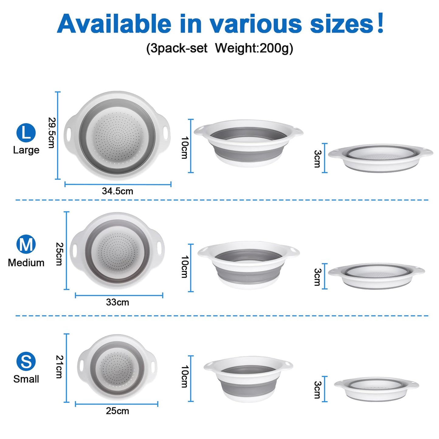 ECHOSAMEN Kitchen Collapsible Colander Set with Draining Base, Edge of Sink Strainer - Space-Saving Food-Grade Silicone Basket with D-Handle for Draining & Rinsing Pasta, Fruits, Vegetables(White)