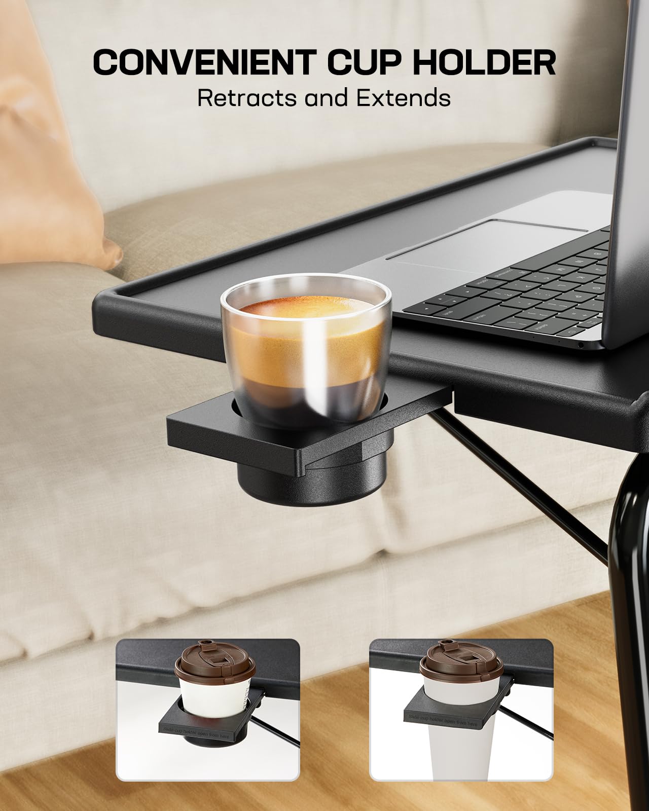 LORYERGO TV Table - TV Dinner Tray，Foldable Couch Table, Food Tray Tables with 6 Height & 3 Tilt Angle, Trays for Eating with Cup Holder, Folding Table for Bed & Sofa (Black)