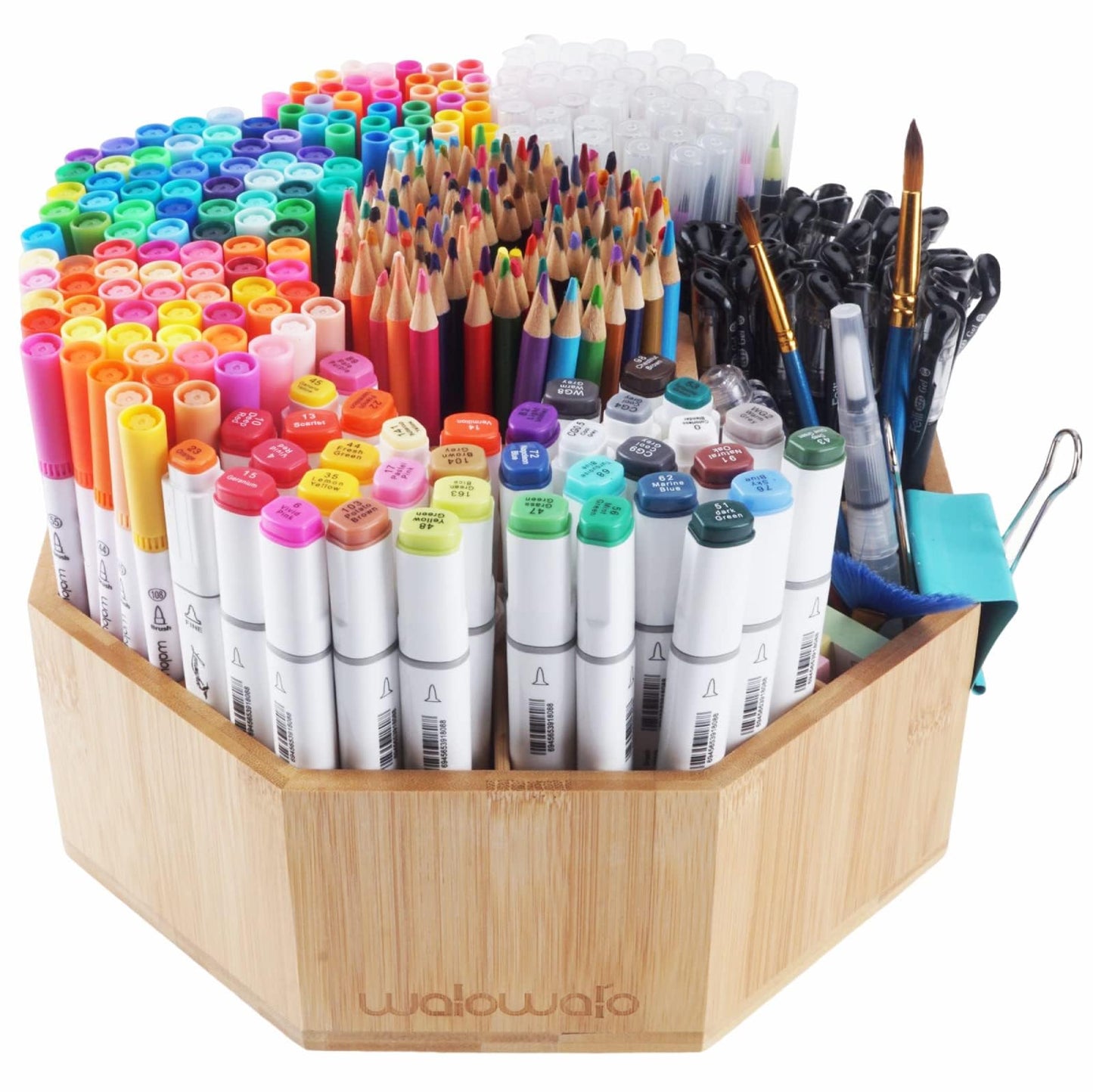 walowalo Bamboo Rotating Art Supply Organizer Holds 800+ Pencils Spinning Crayon Marker Pen Holder for Desk Brush Storage for Office School Classroom Organization Stationary (Larger Version)