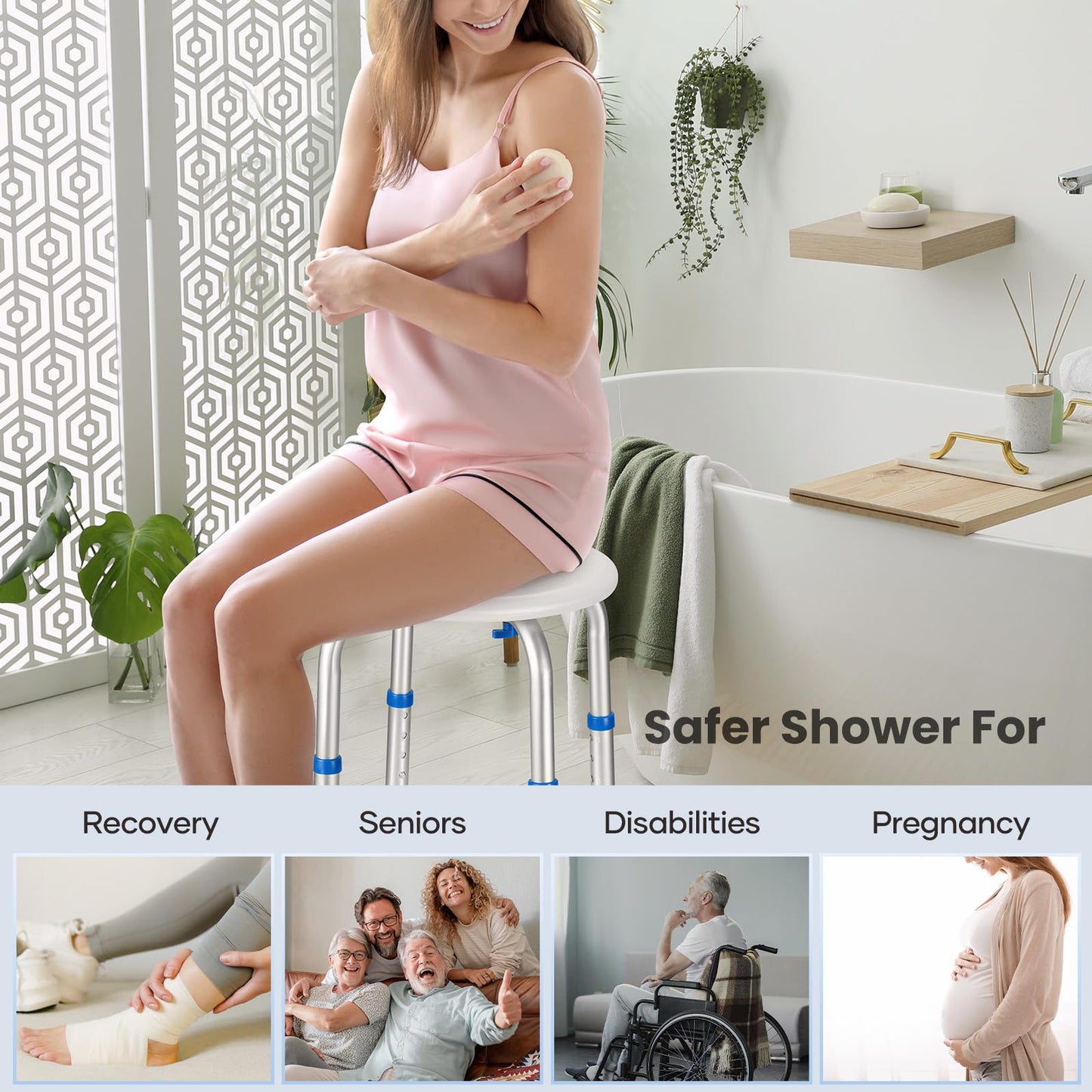 Careboda Adjustable Bath Chair for Inside Shower, Shower Stool with Upgraded Stainless Steel, Tool-Free Assembly, 8 Adjustable Heights for Seniors, Elderly, Pregnant, Handicap & Disabled Blue