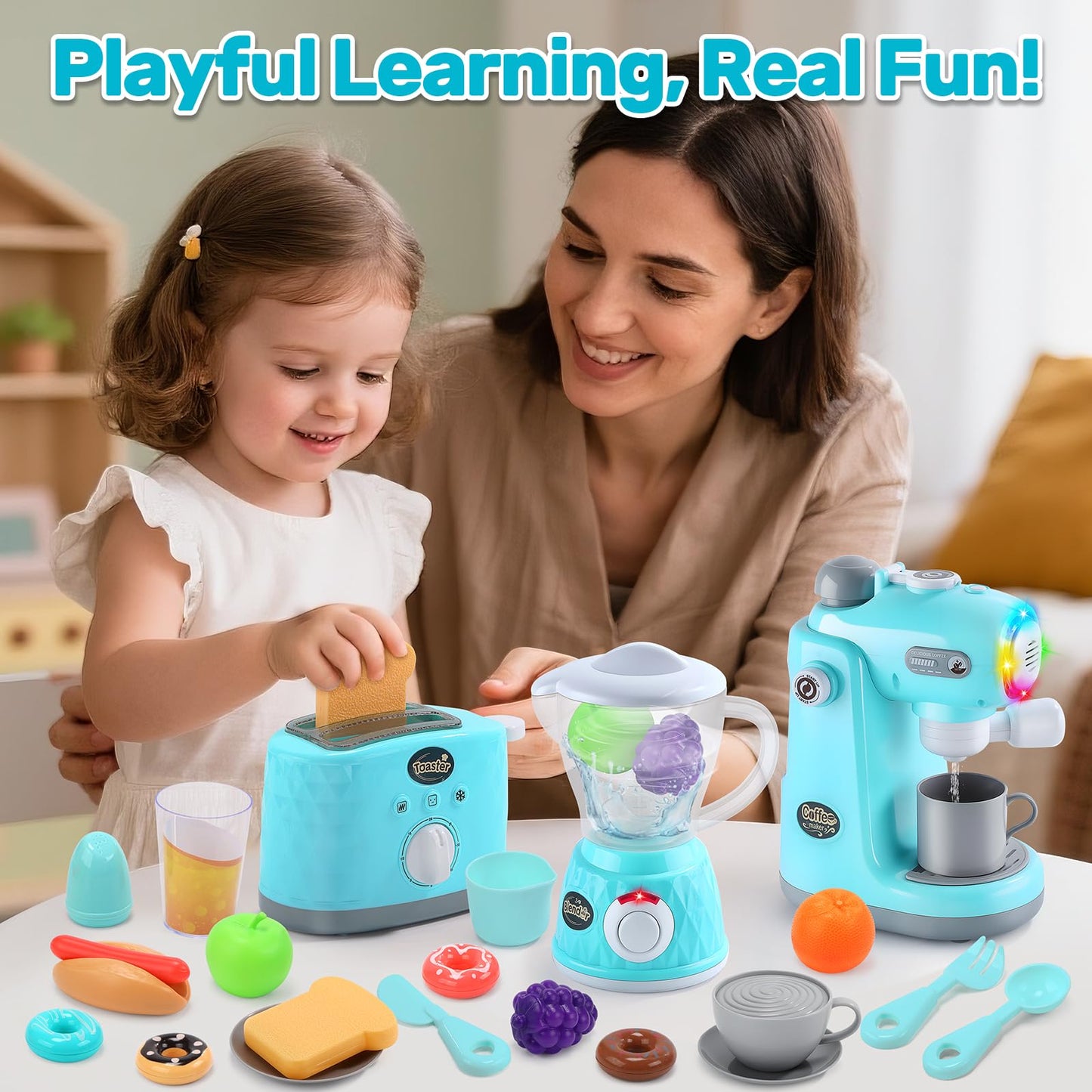 CUTE STONE Kids Play Kitchen Appliances Set, Pretend Kitchen Toys with Coffee Maker, Blender & Toaster, Realistic Sounds and Light, Includes Play Food & Accessories for Toddler Boys & Girls Ages 3+