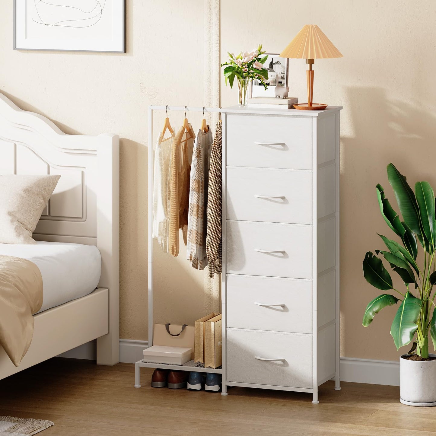 Somdot Dresser with Hang Rack,5 Drawers Small Dresser for Bedroom,Reversible Fabric Chest of Drawers with Clothes Rack,Tall Storage Tower for Closet,Living Room,White Leather