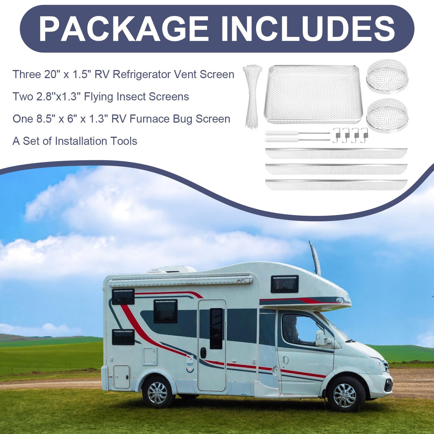 RV Flying Insect Bug Screen for Camper Vents Protects RV Furnaces from Insects Stainless Steel Mesh with Installation Tool 20" x 1-1/2" & 2.8''x1.3'' & 8.5" x 6" x 1.3" RV Water Heater Screens