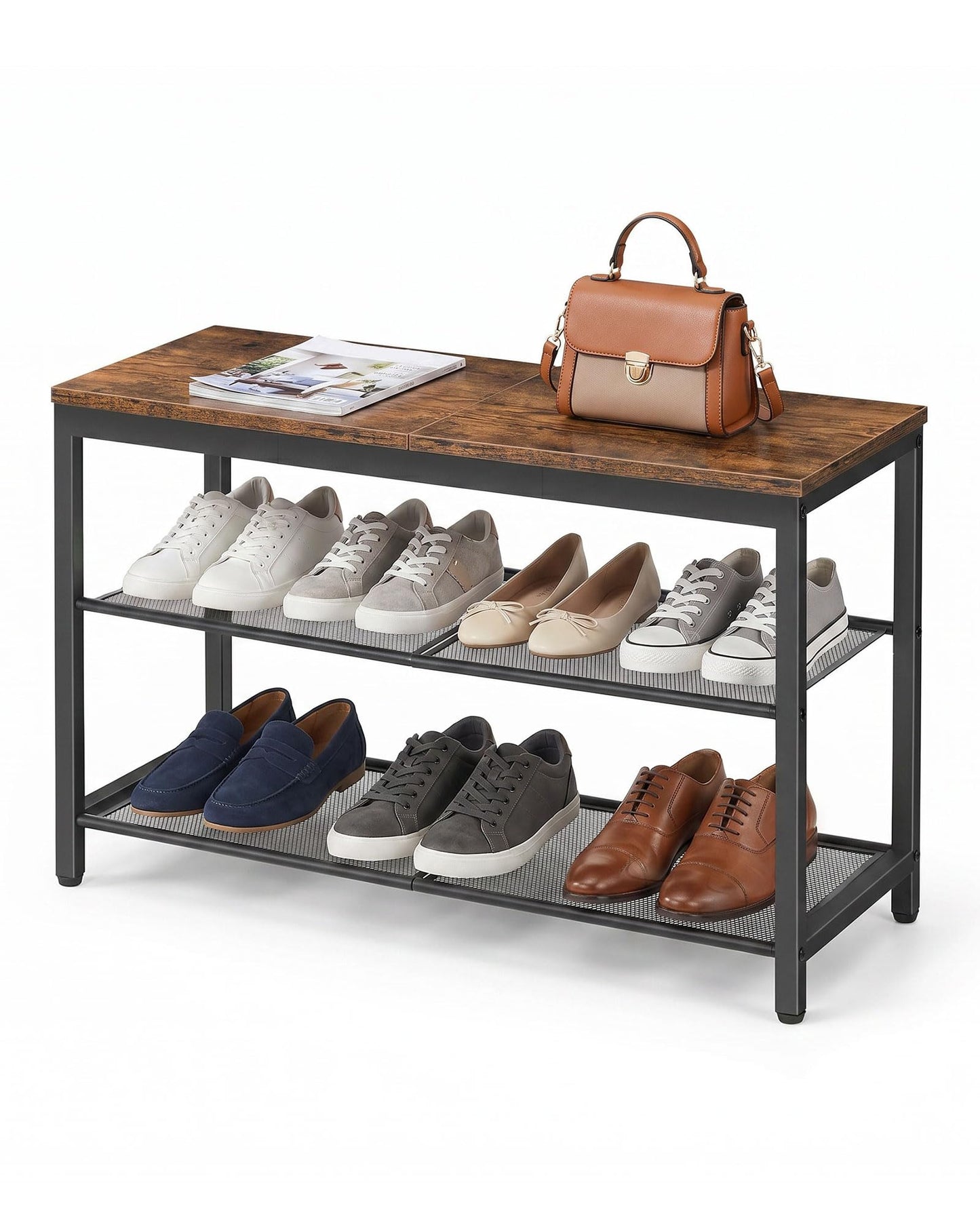 HOOBRO Shoe Bench, 3-Tier Shoe Rack, Industrial Shoe Organizer Storage Bench, 75 cm Entry Bench with Mesh Shelves, for Entryway, Living Room, Hallway, Easy Assembly, Rustic Brown BF75HX01