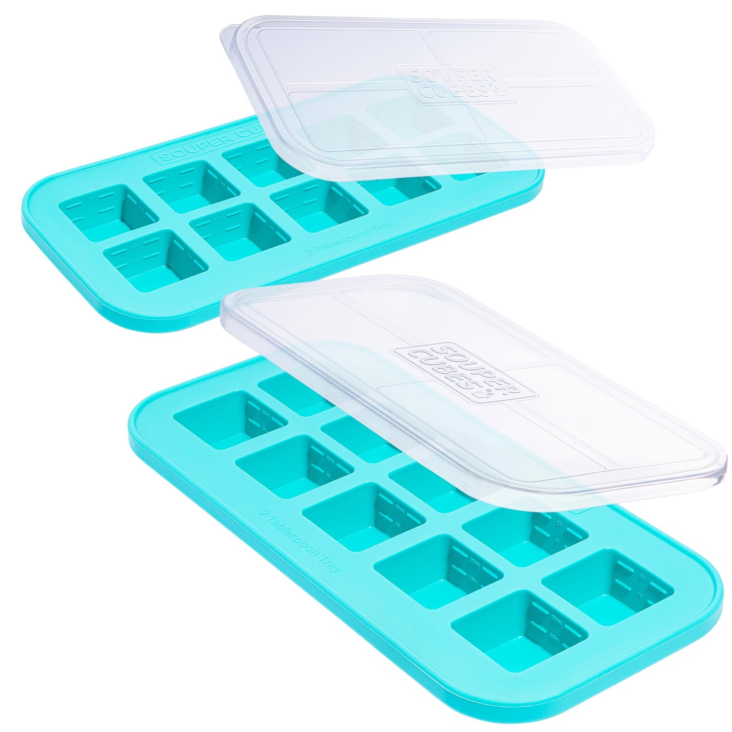Souper Cubes 2 Tbsp (30 mL) Silicone Freezer Molds with Lids - Perfect for Freezing Herbs, Butter, Juice, Purees and More - Silicone Freezer Tray with Lids - Aqua – 2-Pack