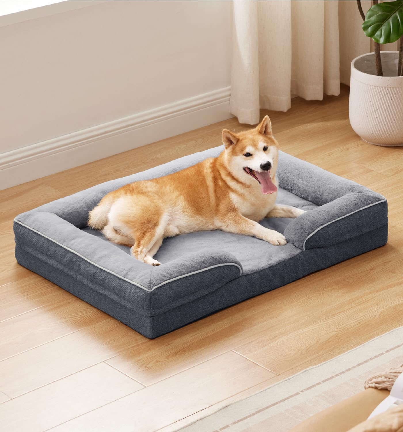 Made4Pets Large Dog Bed with Sides Memory Foam Orthopedic Dog Bed with Removable Washable Cover Dog Couch with Waterproof Liner Dog Sofa Non-Slip Bottom & Egg-Crate Foam, Grey