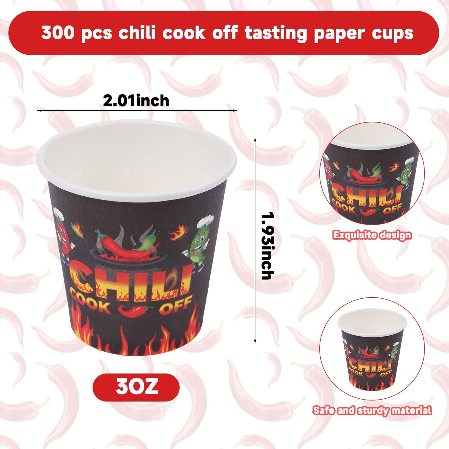 Tkifoda 600 Pcs 3oz Chili Cook Off Cups & 300 Wooden Spoons - Disposable Paper Chili Tasting Cups with Chili Pepper Patterns - Perfect for Chili Cook Off, Mexican Party Supplies