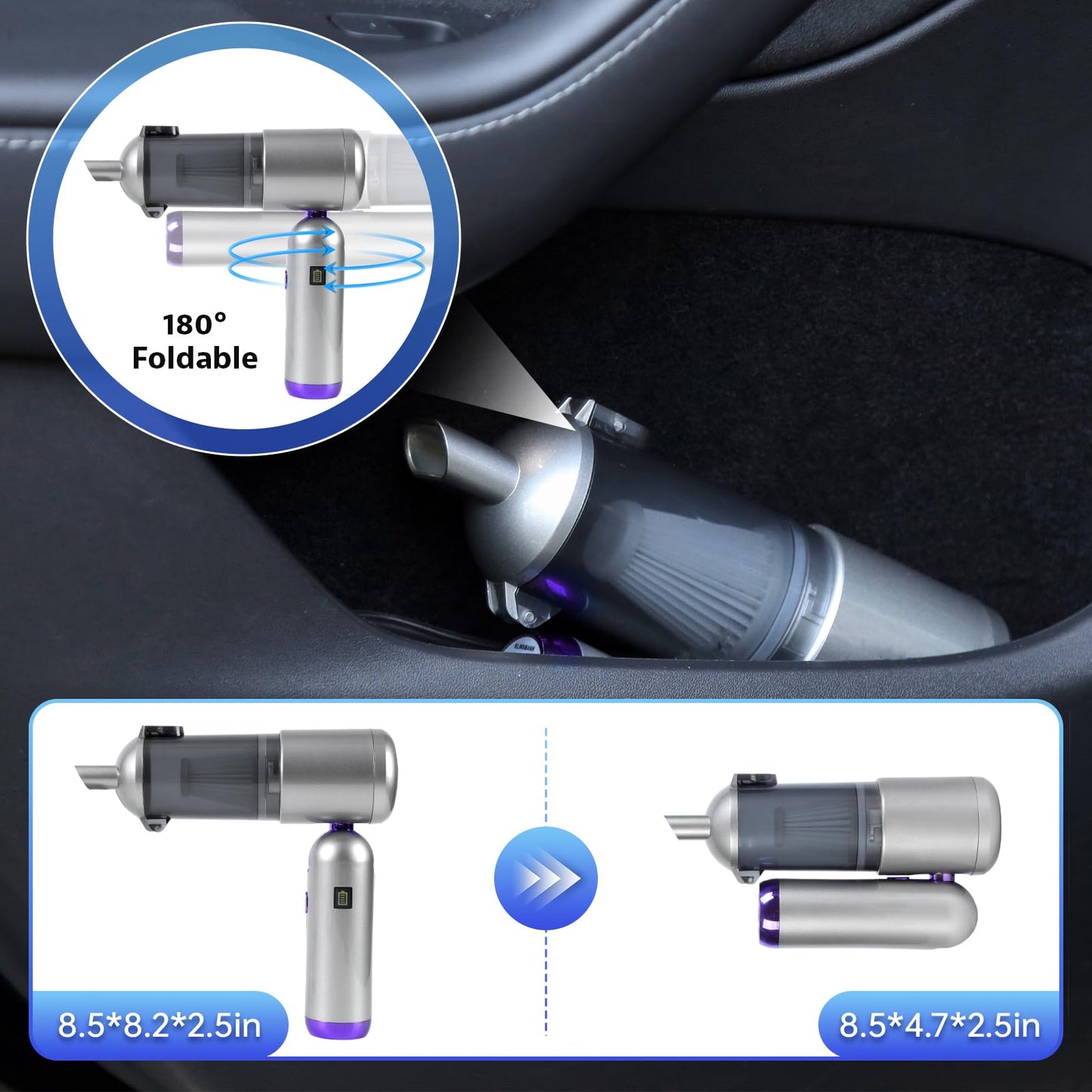 Bug Vacuum Catcher & Car Vacuum Cleaner, 180° Foldable Rechargeable Mini Handheld Vacuum Cordless, 4-in-1 17KPa High Power Portable Inflator & Air Pump for Insects, Spiders, Pet Hair, Home & Garden