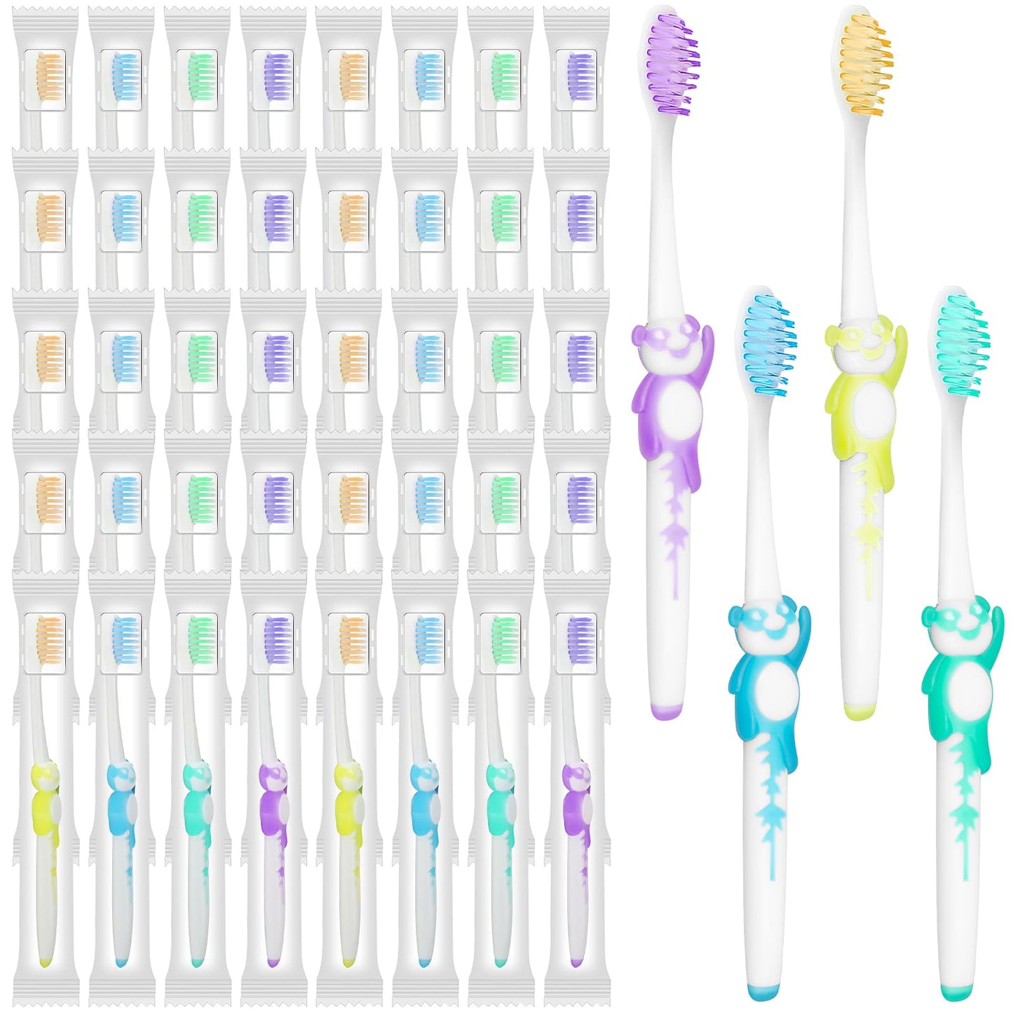 100 Pcs Kids Toothbrush Bulk, Lovely Panda Manual Toothbrushes with Cover, Soft Bristle Toothbrush Individually Wrapped for Home Travel Camping Hotel (Green, Yellow, Blue, Purple)