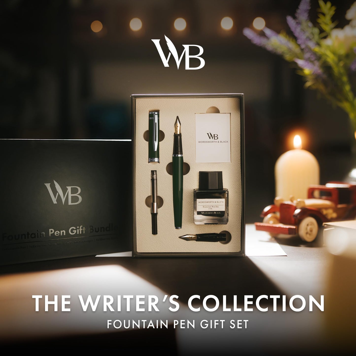 Wordsworth & Black Fountain Pen Set,18K Gilded Medium and Extra Fine Nib,25ML Black Ink Bottle,6 Ink Cartridges,Refill Converter,Gift Box,Smooth Writing Pens [Green Chrome],Gift Set for Men and Women