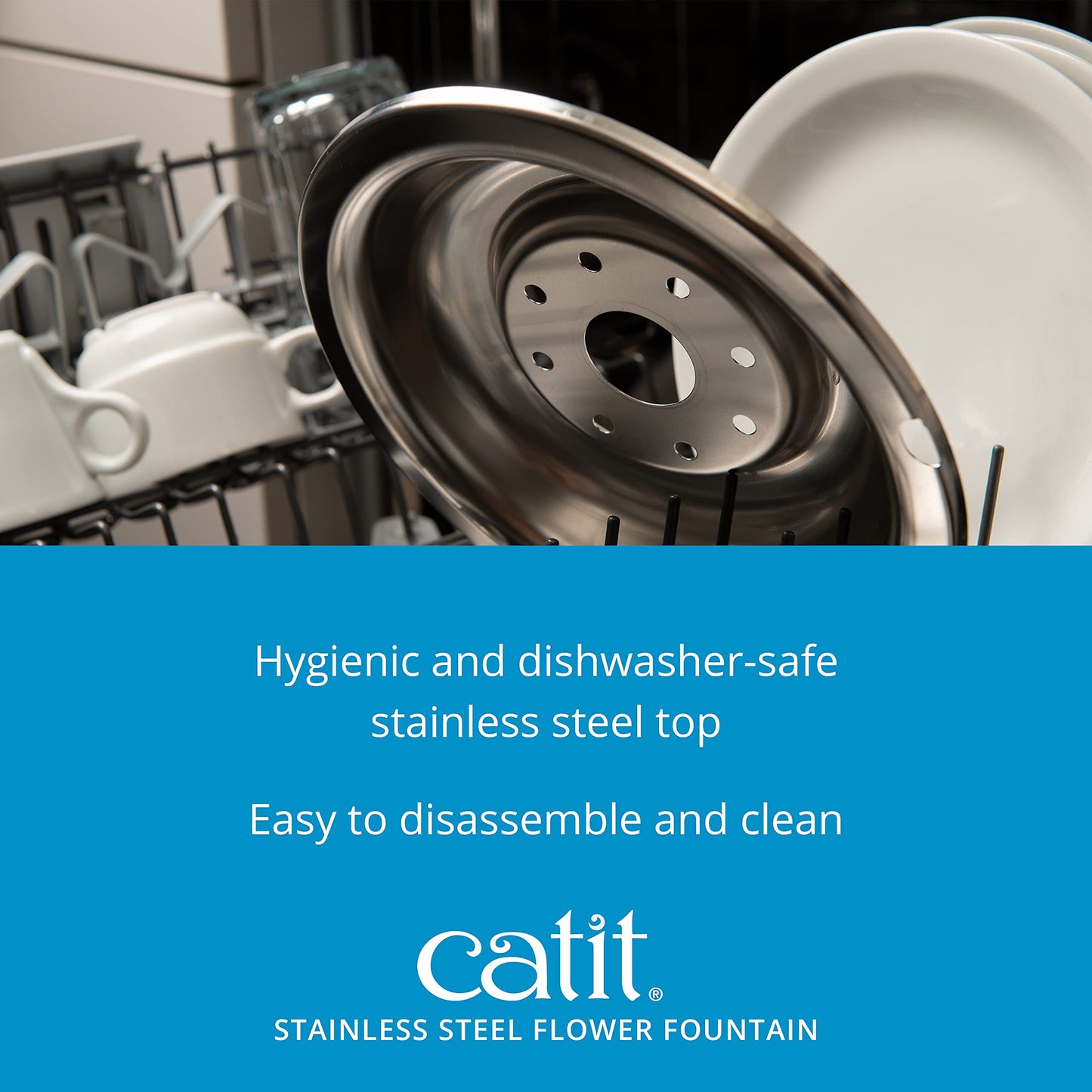 Catit Stainless Steel Top Flower, Cat Water Fountain, 3L White, Modern Cat Fountain, Triple Filtration, Fontaine Pour Chat, Pet Water Fountains, Perfect for Indoor Cats