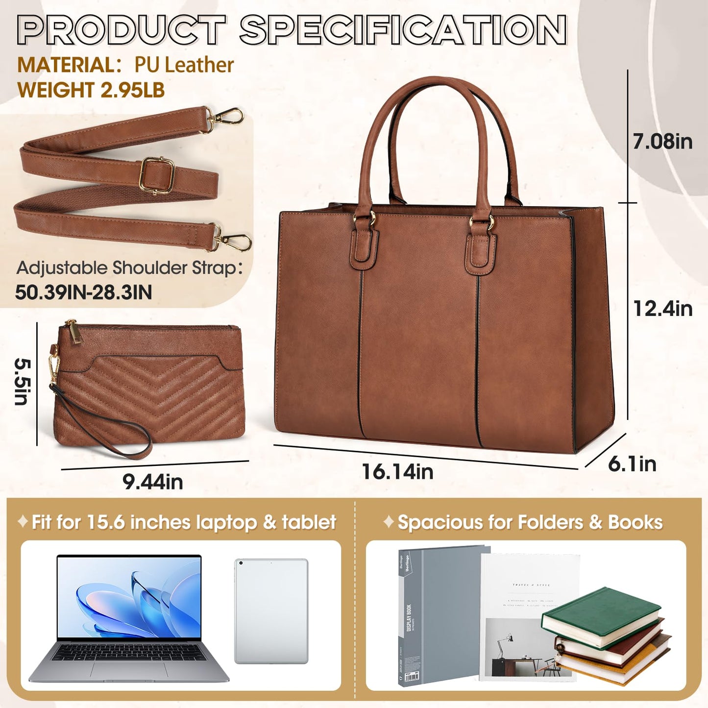 NUBILY Laptop Bags for Women 15.6 Inch Work Tote Bags Womens Laptop Purse Waterproof PU Leather Laptop Briefcase for Office Computer Bag Women Travel Handbag Shoulder Bag Brown