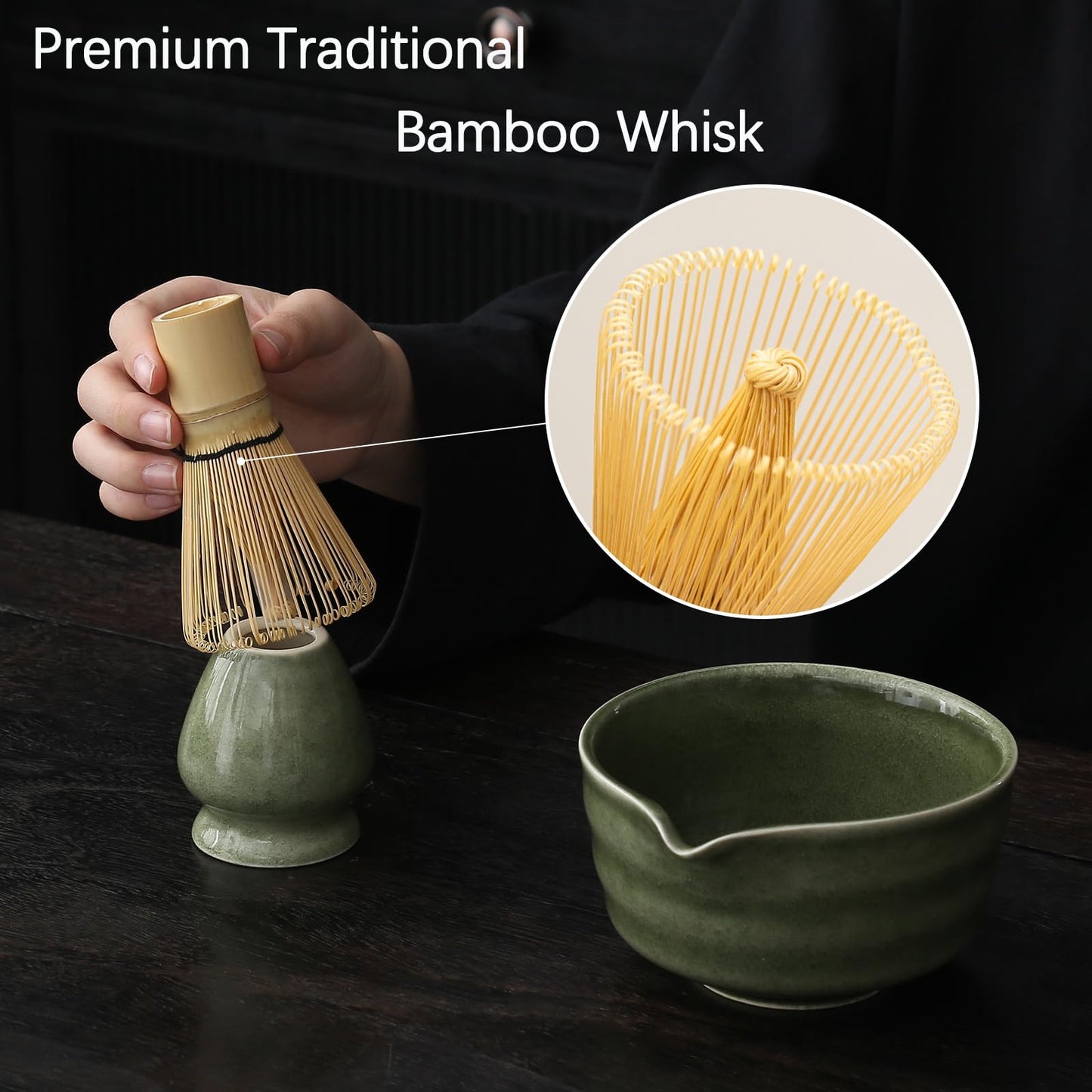 Buucup Matcha Whisk Set, Matcha Bowl with Spout, Matcha Whisk and Holder, Bamboo Matcha Scoop and Stainless Sifter - 5 Pcs Jade Green Matcha Kit for Matcha Lover