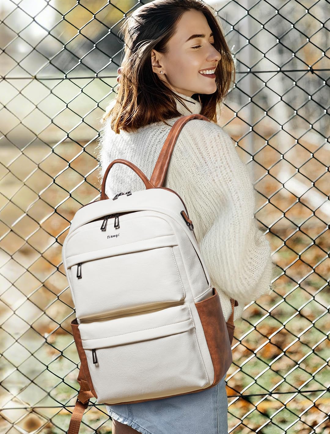 TIAMYI Vegan Leather Backpack for Women Travel Back pack with 15.6 inch Laptop Compartment, Vintage Ladies Computer Backpack, Beige