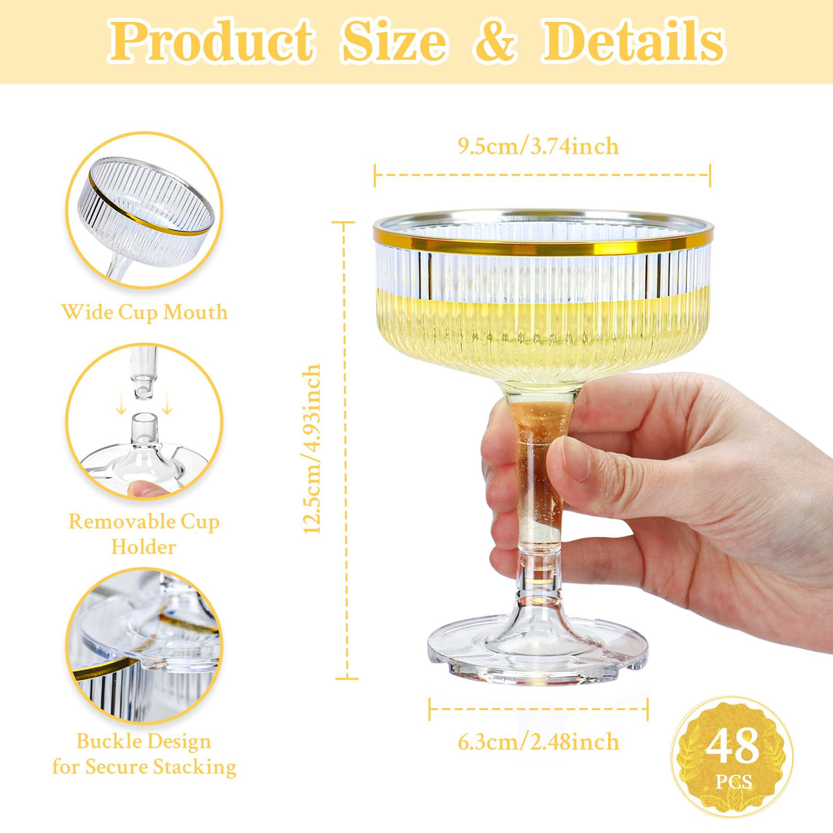 48 Pack Plastic Champagne Tower 5oz Clear Champagne Coupe Glasses Plastic Champagne Flutes with Gold Rim Disposable Martini Glasses Stackable Cocktail Glasses for Wedding Birthday Party Bar Supplies