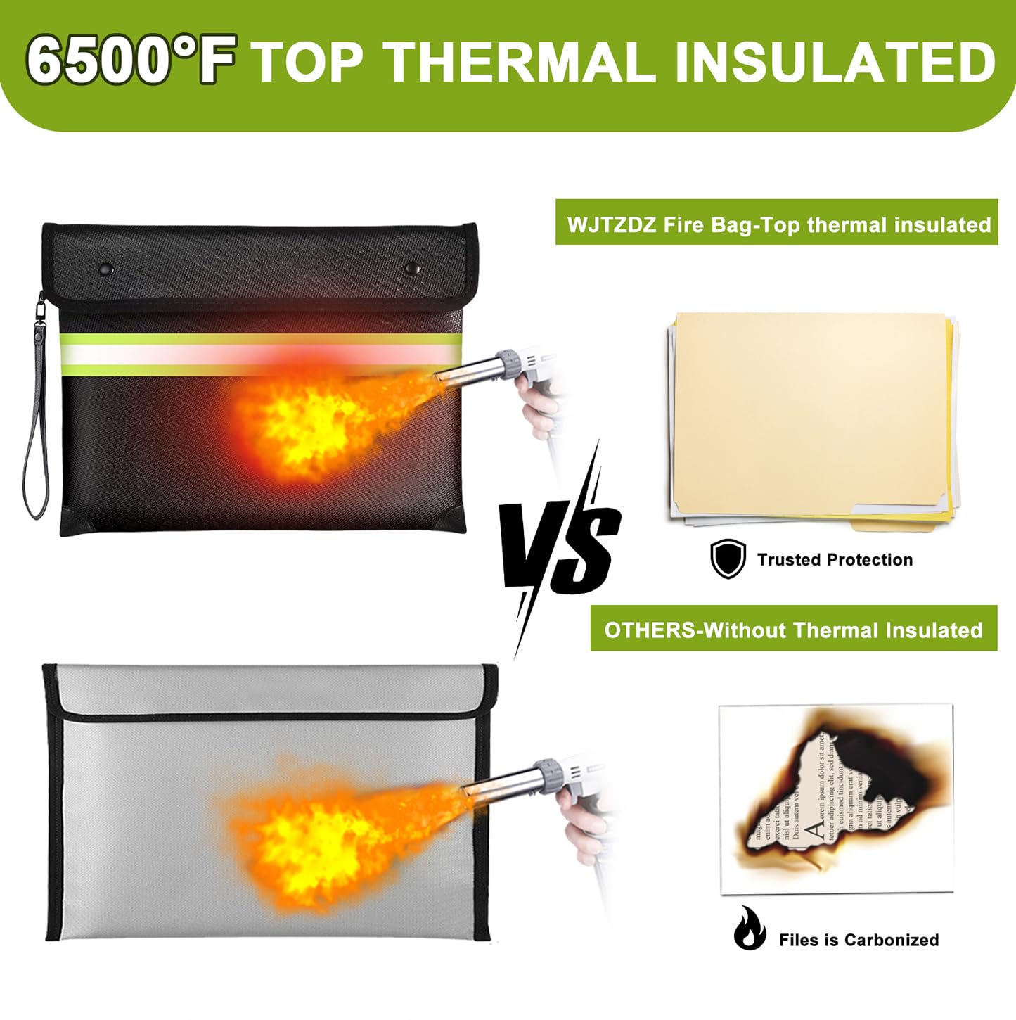 6500°F Fireproof Money Bag,Upgraded Fireproof Document Bag with Waterproof Zipper,10 Layers Heat Insulated Materials/Reflective Strip with Handle for Important Documents（11.2"x7.7"）