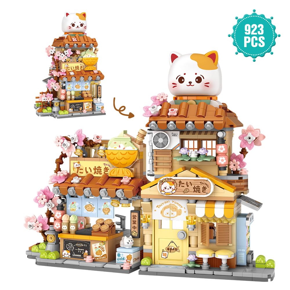 Lucky Cat Building Set,Openable Taiyaki Shop 923PCS Mini Brick Building Toy for Boys Girls Age 8+