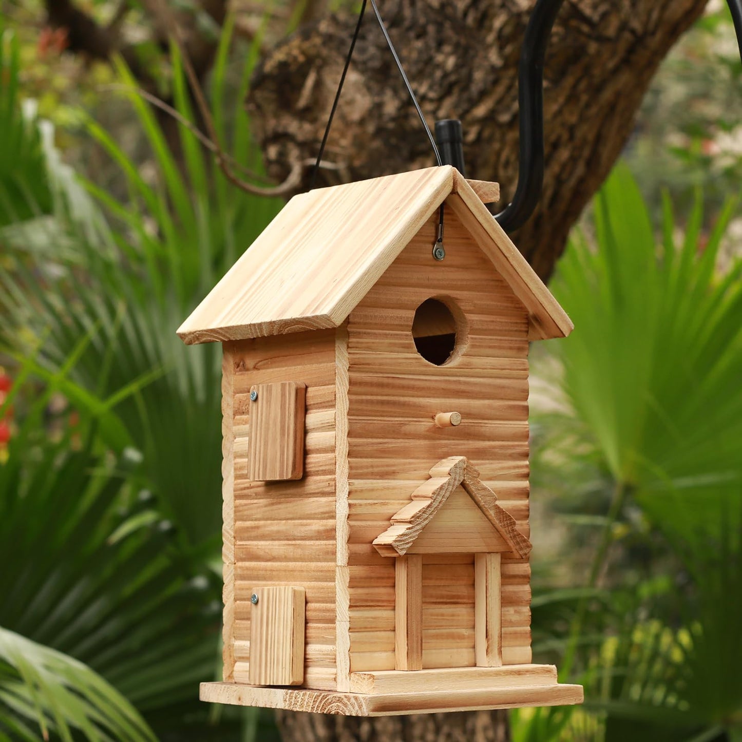 Wooden Bird House Outside Hanging, Carved Window Decorations, Outdoor Birdhouses 2 Hole