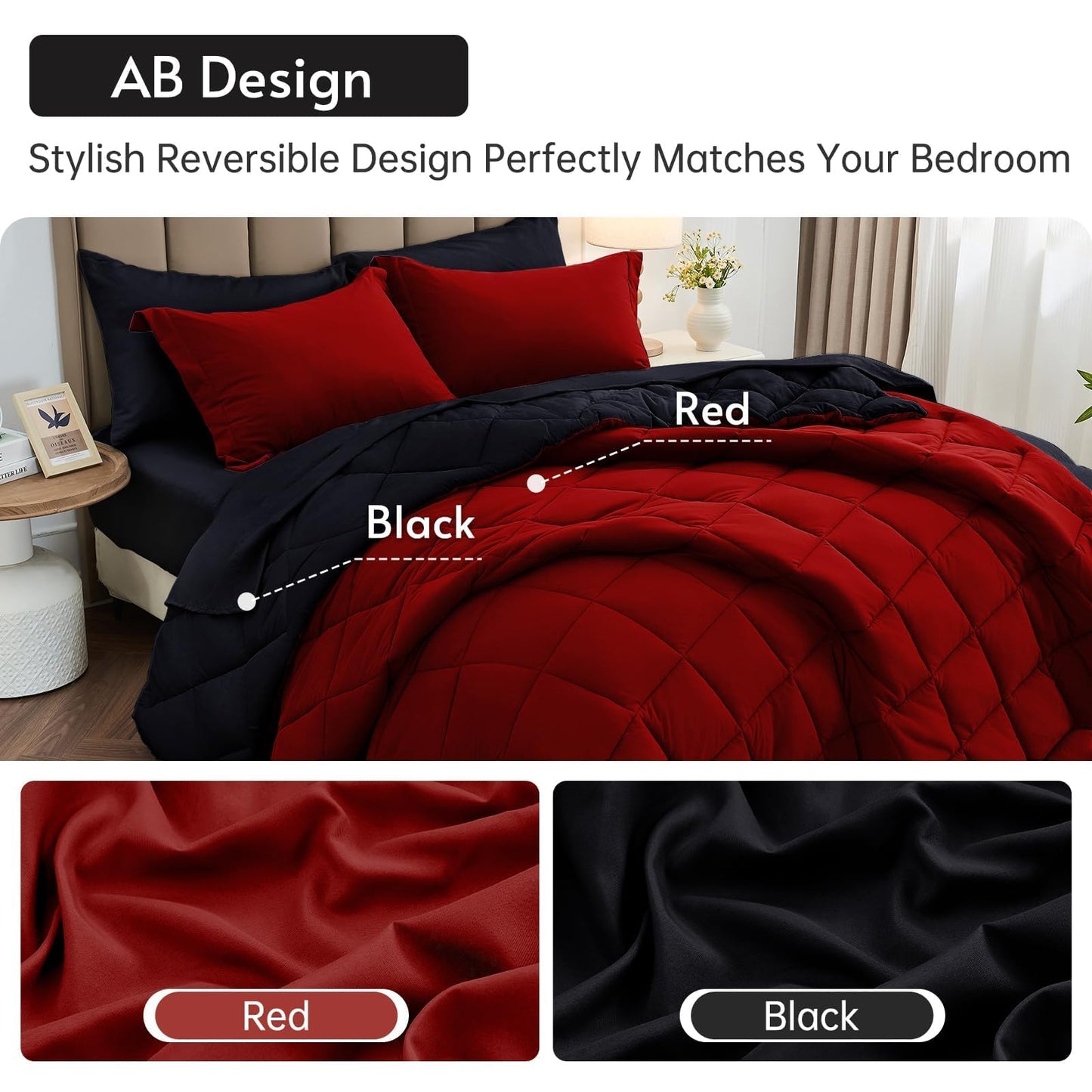 MUXHOMO 7 Pieces King Size Comforter Set, Reversible Bed in a Bag King, All Season King Bedding Set with Comforter, Flat Sheet, Fitted Sheet, Pillowcases & Shams, Red & Black