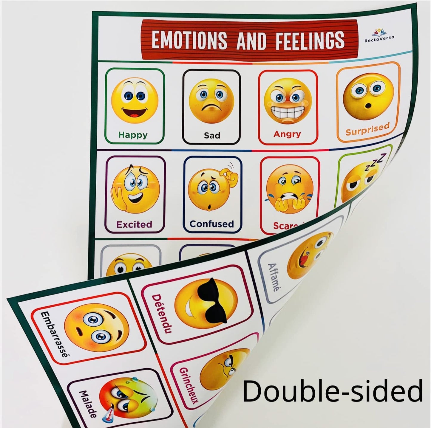Recto Verso | 18 [36 total] English/French Double-Sided Bilingual Educational Preschool Posters for Toddlers & Kids Kindergarten Classroom Homeschool Learning Tool | Alphabet, Numbers & more