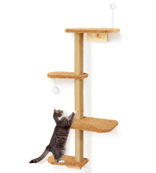 Brown Wall Mounted Cat Wall Climber & Tree for Kittens, 4 Platform Cat Shelves with Brown Plush Cushions, Floating Furniture for Climbing, Lounging, Scratching – 125 cm