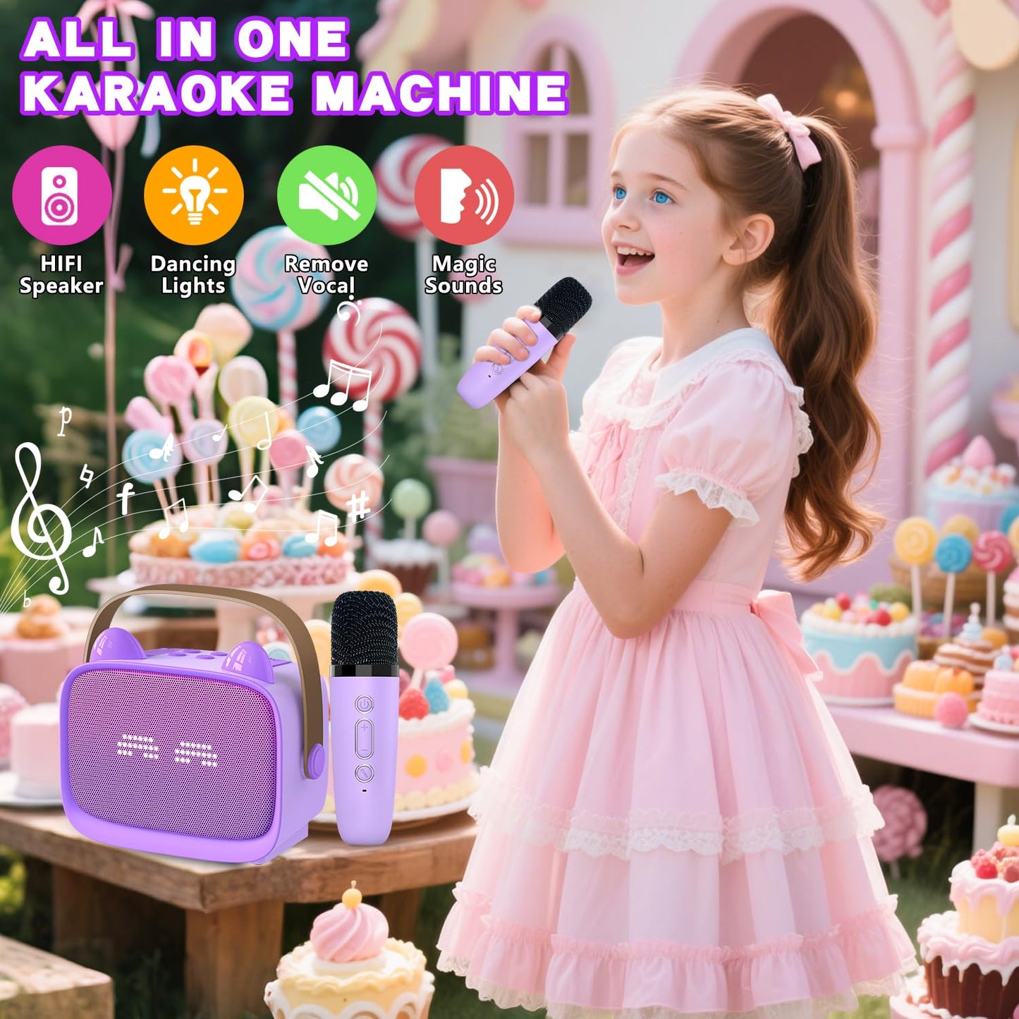 Mgaolo Upgraded Mini Karaoke Machine Toy for Kids, Portable Bluetooth Speaker with 2 Wireless Mics, Emoji & Colorful LED Lights, Home Travel & Party Play Gifts for Boys Girls (Purple)