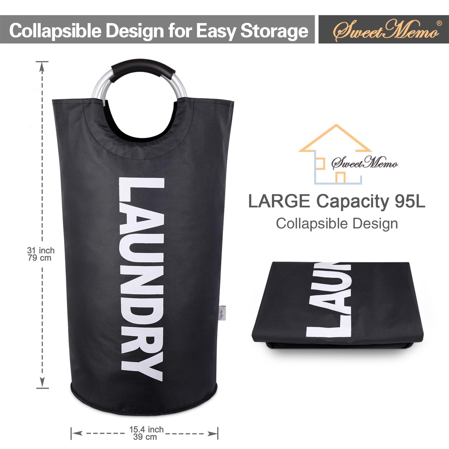 SweetMemo 95L Laundry Hampers 2 Pack ，Large Tall Laundry Baskets with Handles, Freestanding Cloth Hamper Bag – Dirty Fabric Laundry Bags for College Dorm，Laundry Room, Sturdy, Lightweight – Black