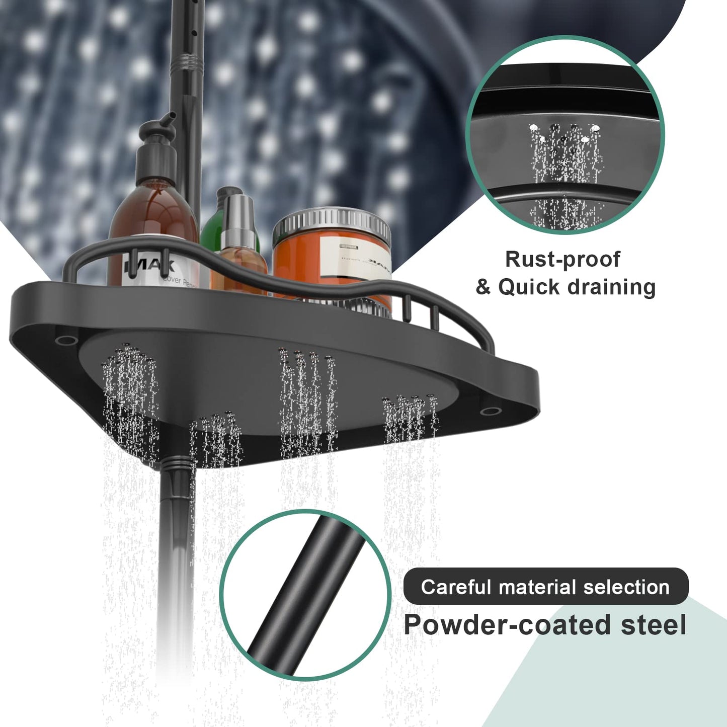 COCONUT Shower Caddy Tension Pole, Corner Shower Caddy Rust Proof 4 Tier Shower Organizer, Drill Free Telescoping Shower Shelves for Bathroom Bathtub (Black)