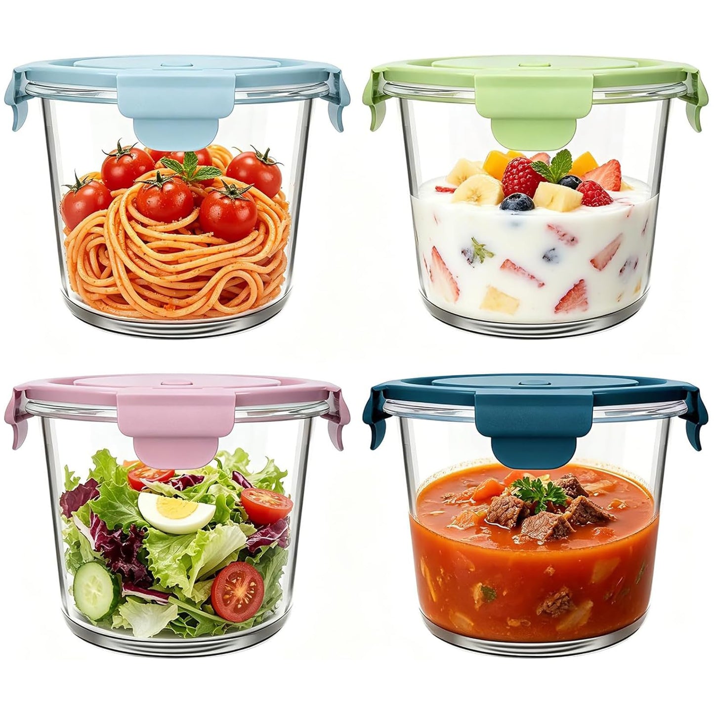 UHAPEER 710ml/24oz Glass Food Storage Containers, Airtight Leakproof Meal Prep Containers with Lids Soup Containers, Round Glass Bowls with Lids for Lunch, Microwave, Dishwasher, Freezer Safe - 4 Pack